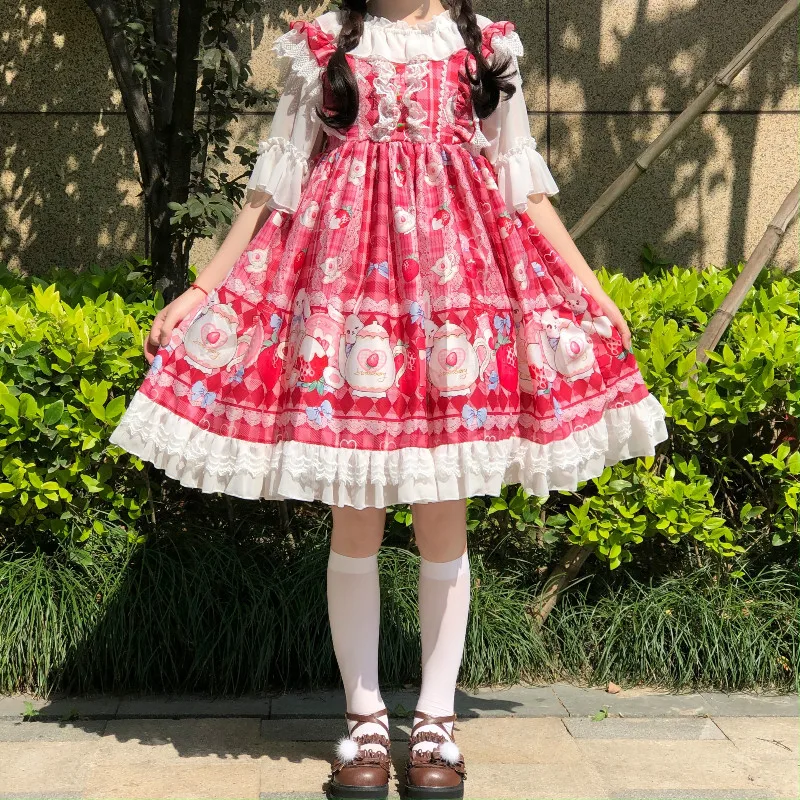 Japanese Kawaii Lolita Cosplay Soft Sister Dress Cute Rabbit Strawberry Sleeveless JSK Dress Ruffles Bow Princess Tutu Dress