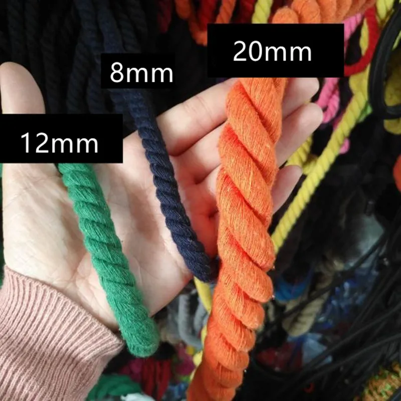 Thick Twisted Rope with Three-Strand Colored Cotton Cord, Handmade DIY Accessories, Decorative Design, 20mm x 100/200cm