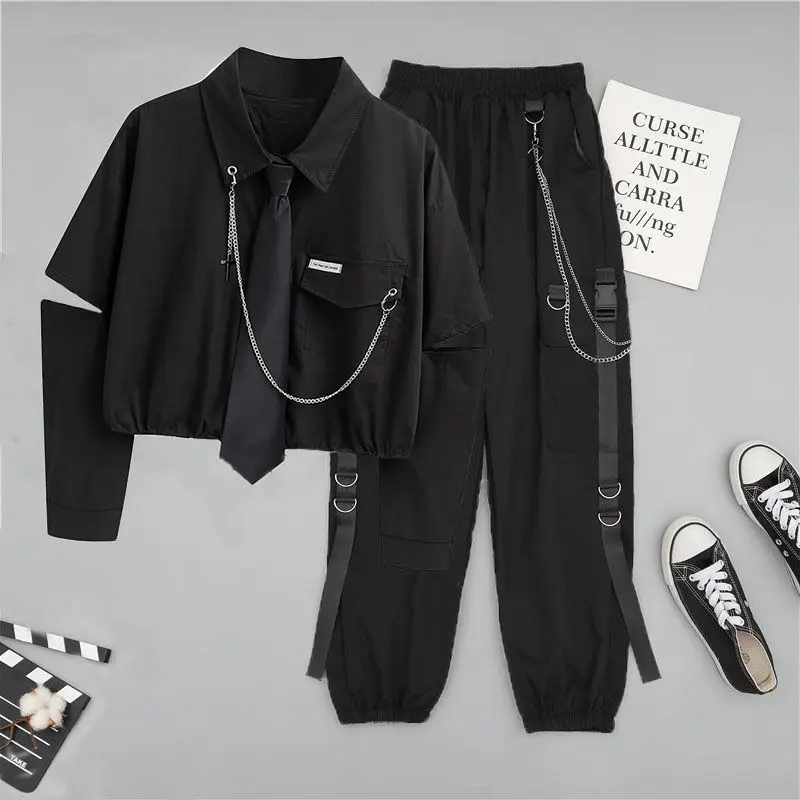 2023 Spring Chain Cargo Pants Female Streetwear Harajuku Loose T Shirt+Cargo Pants High Waist Handsome Two-piece Suit