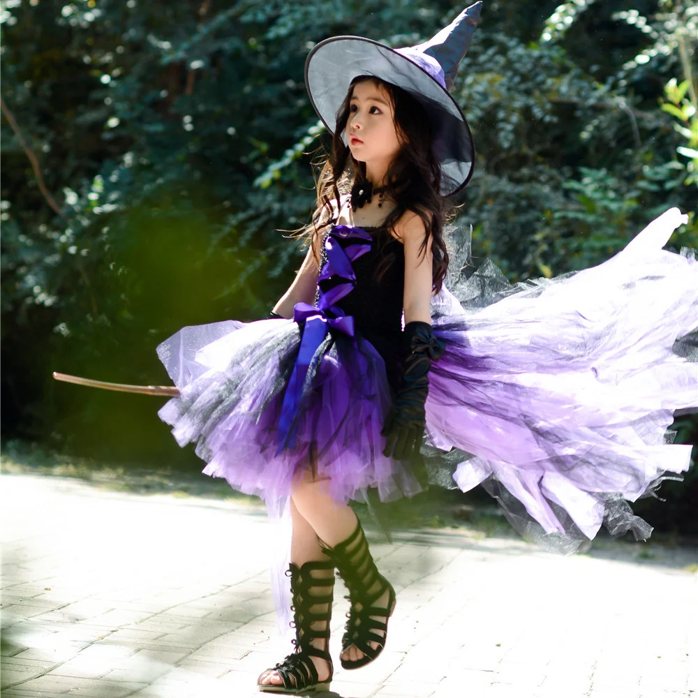 Purple Kids Girls Halloween Fairy Party Dresses Black Witch Toddler Baby Girls Birthday Cosplay Costumes Children Dress