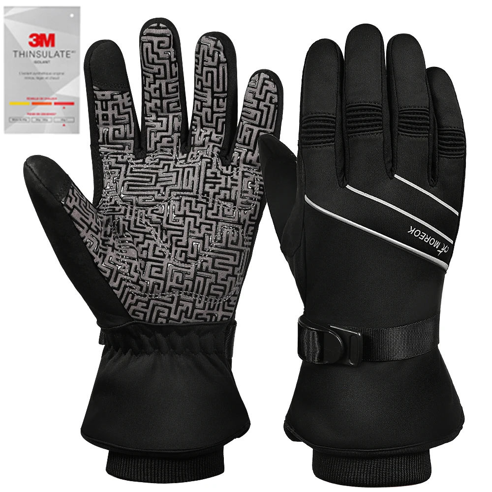 MOREOK ถุงมือสกี3M Thinsulate ถุงมือหน้าจอสัมผัสฤดูหนาวจักรยานถุงมือถุงมือ Anti-Slip Windproof Warm รถจักรยานยนต์ถุงมือ