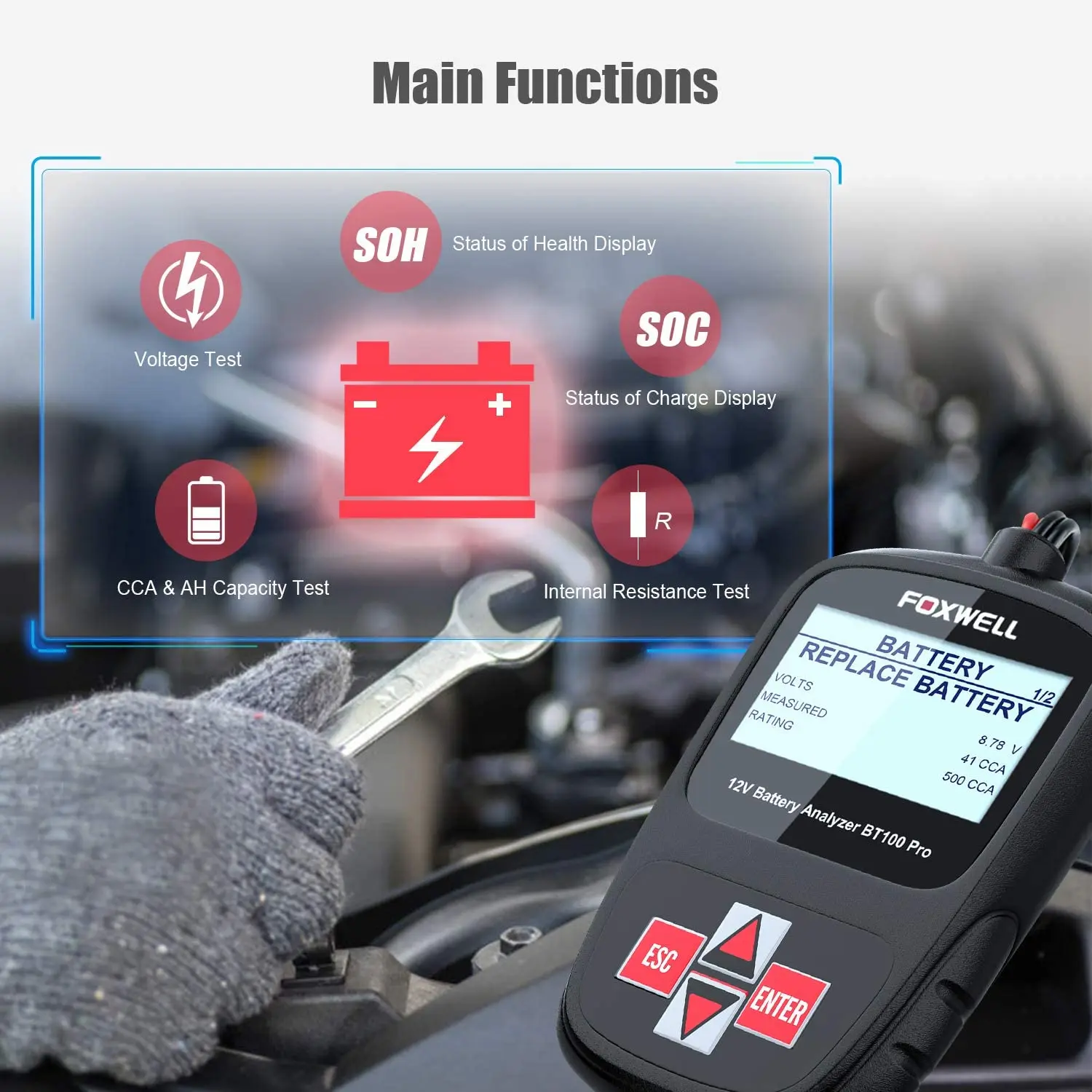 FOXWELL BT100 Pro 12V Car Battery Tester 100-1100CCA 12V Digital Battery Analyzer Vehicle Cranking Charging Scanner Tool