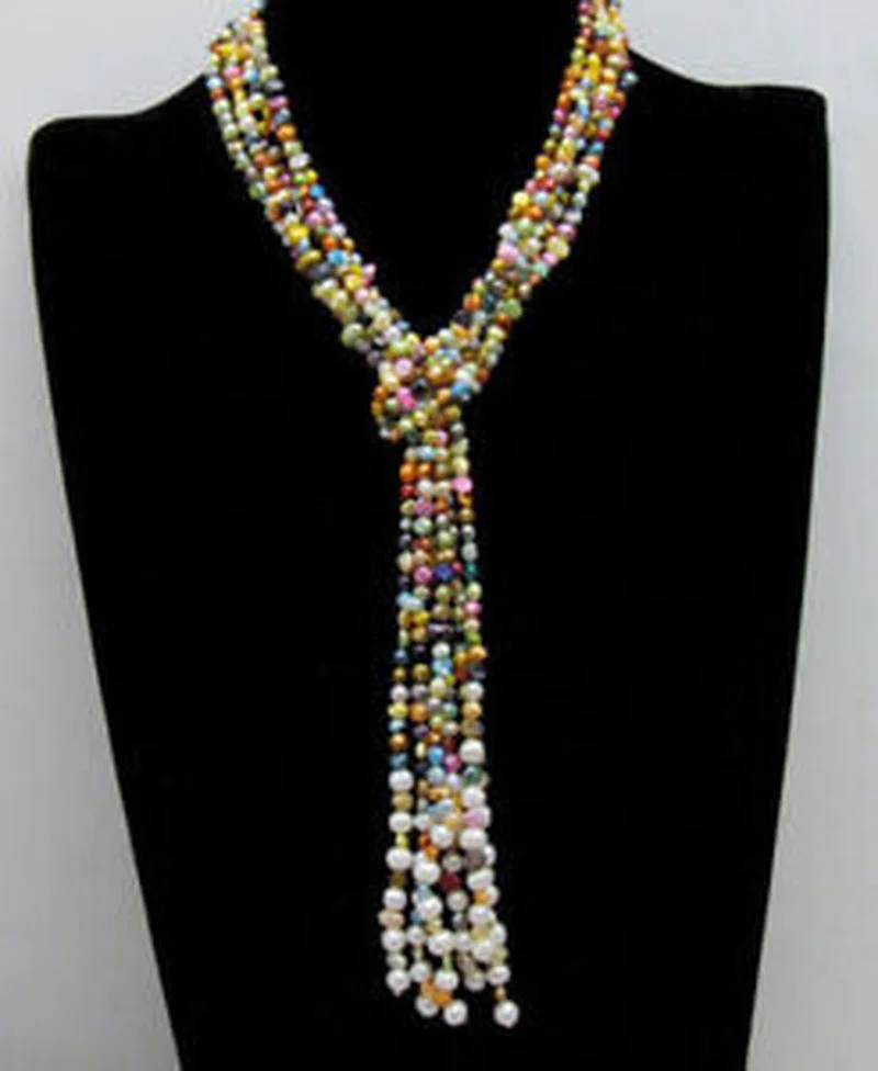 4-5mm Baroque Natural Multicolor Pearl Necklace for Women 3 Strands Long 45''