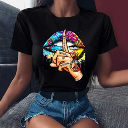New Watercolor Lips Graphic Women T Shirt 90s Ulzzang Girls Black Tees Tops Funny Kiss Lip Whisper Words Girls Tshirts Clothes