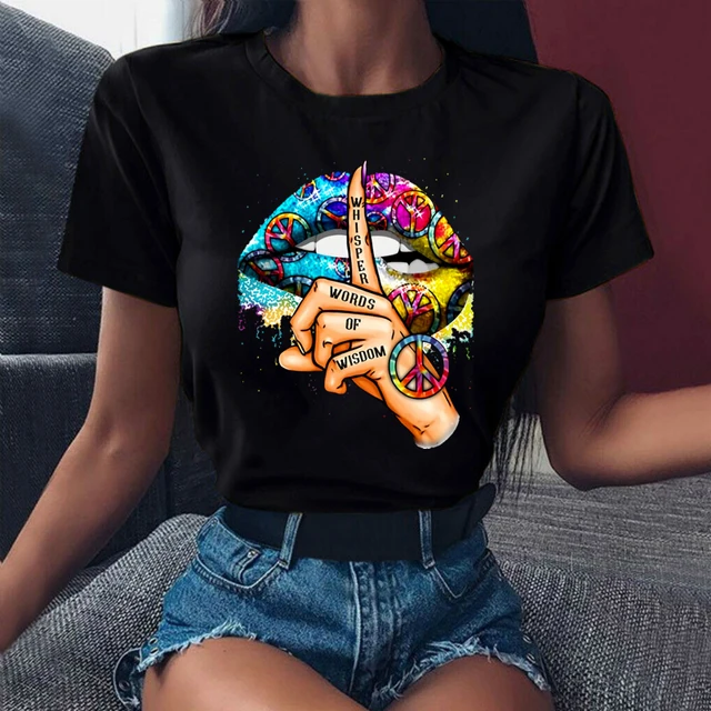 Nowe akwarele usta graficzne kobiety T Shirt 90s Ulzzang dziewczyny czarne koszulki topy śmieszne pocałunek wargi szept słowa dziewczyny koszulki ubrania