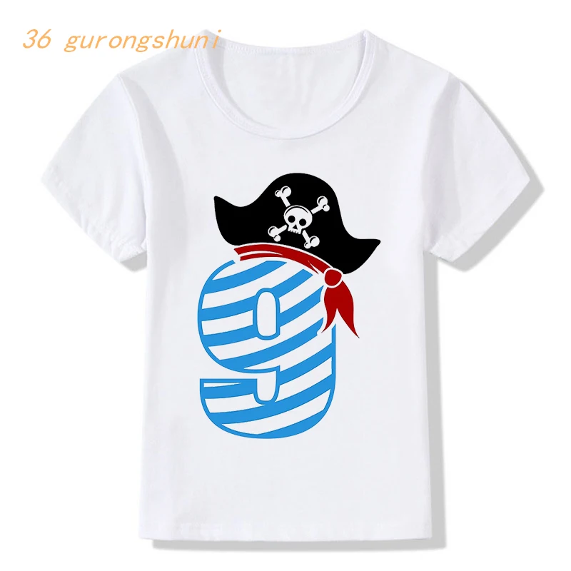 Camiseta con estampado de calavera pirata para niño y niña, camisa con estampado de feliz cumpleaños, 7, 8 y 9 años