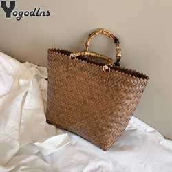 Women Woven Beach Straw Handbag Casual Handmade Hollow Out Rattan Shoulder Bags Youth Ladies Bohemia Summer Travel Beach Totes