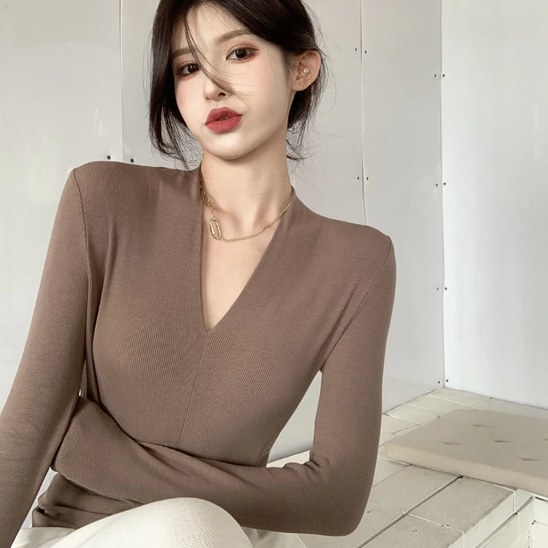 AOSSVIAO V Neck Long Sleeve Shirt Women Ribbed Sexy Tops 2024 Autumn Black Casual Skinny Slim Basic Woman T Shirts White