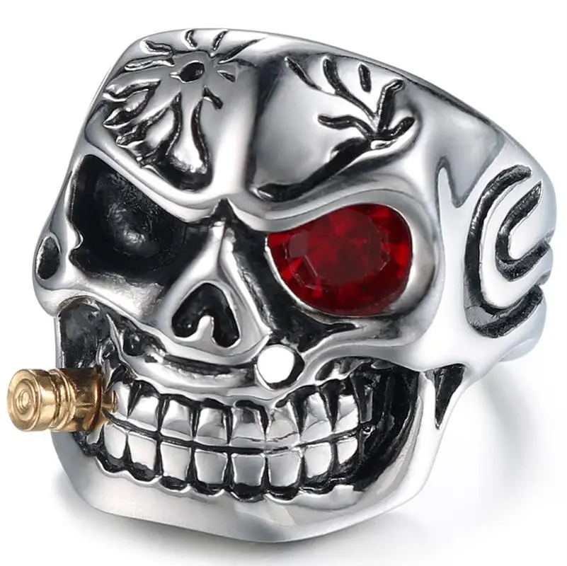 Mens Ring Stainless Steel Hip Hop Punk Ring Domineering Red Eye Skull Bite Bullet Ring Jewelry Gift