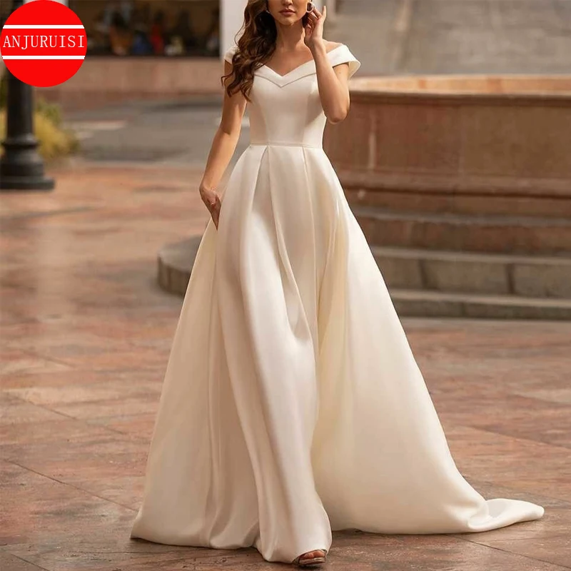 

Off The Shoulder Wedding Dress A Line Satin Vestido De Novia 2022 Button Back Bride Gown Simple Robe Mariage Boda Trouwjurk