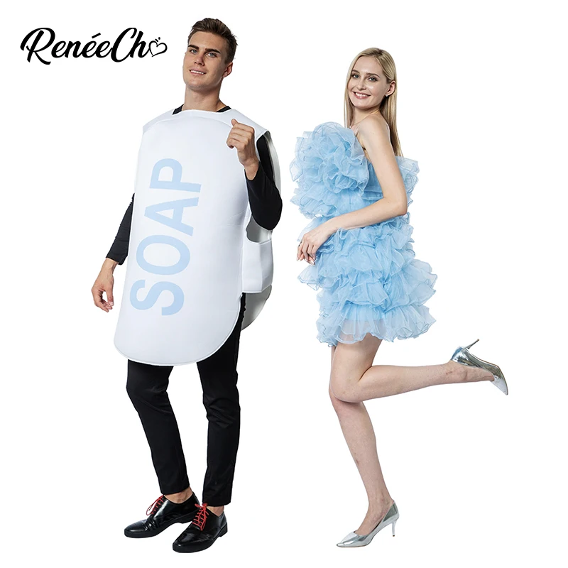 Reneecho Funny Adult Loofah And Soap Costume Halloween Costume For Couple Carnival Party Purim Dress Up 2Pcs Set