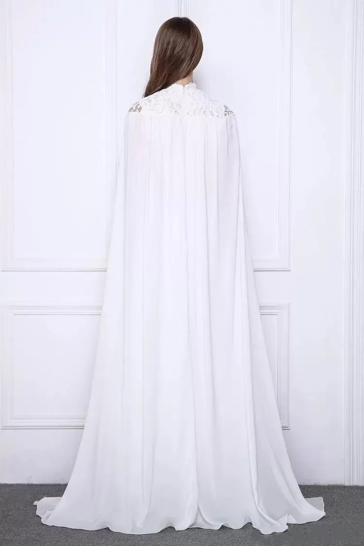 Elegant White Evening Formal Dresses With Wrap Lace Chiffon Cape Sleeve Prom Party Gown Saudi Arabic Caftan Robe De Soirée