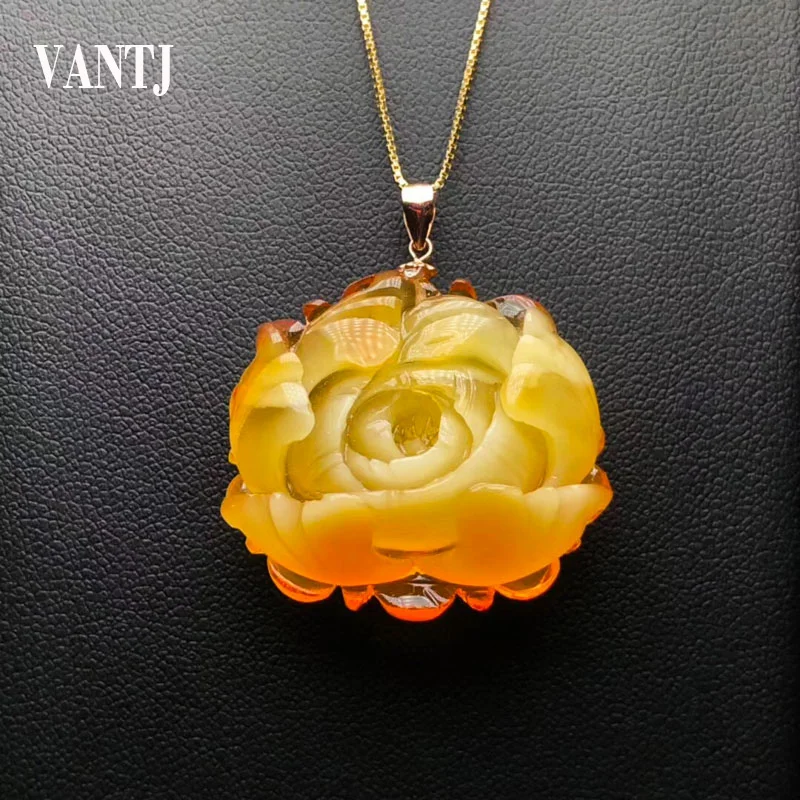 VANTJ Natural Amber Pendants Real 18K Yellow Gold AU750 Fine Jewelry Necklace For Women Wedding Party Gift