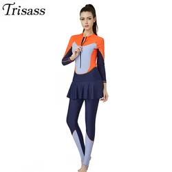 Trisass 2020 New Women One Piece Skirt Swimsuit L-3XL Sport Swimwear Long Sleeve Bodysuit Long Pants Surf suit With Zipper