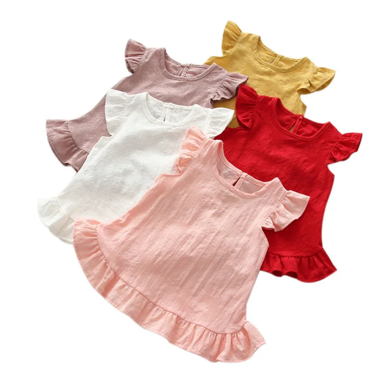 Ruffles Sleeve Lace Flowers Summer Kid Girls Blouses Tops Slub Cotton Baby Girl Shirts for Children Clothing T-Shirt