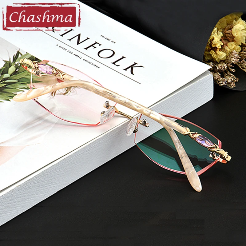 Lunettes de lecture pour femmes, monture sans bords, verres colorés bruns, pierres, diamants, myopie