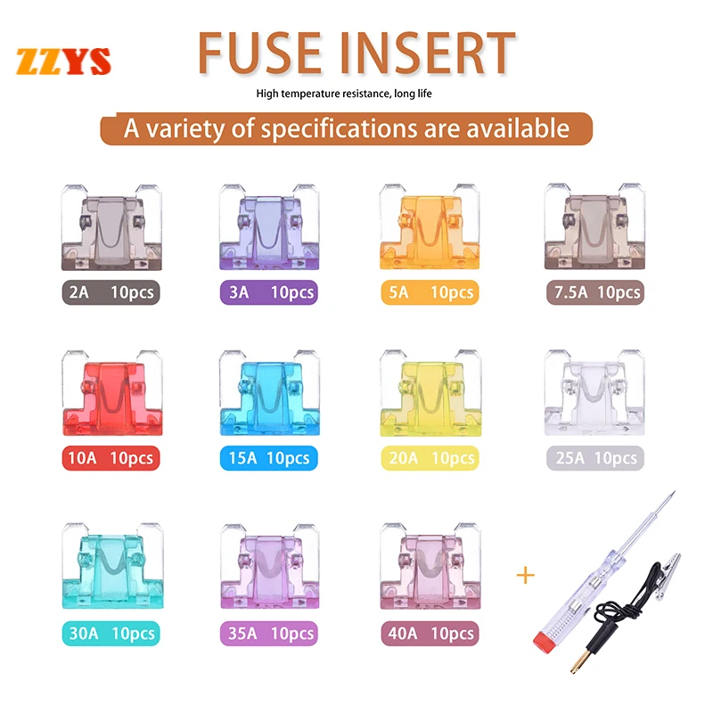 

110pc 2A 3A 5A 7.5A 10A 15A 20A 25A 30A 35A 40A Mini Automotive Truck Auto Car Blade Type Fuse Assortment with Box Clip Test Pen