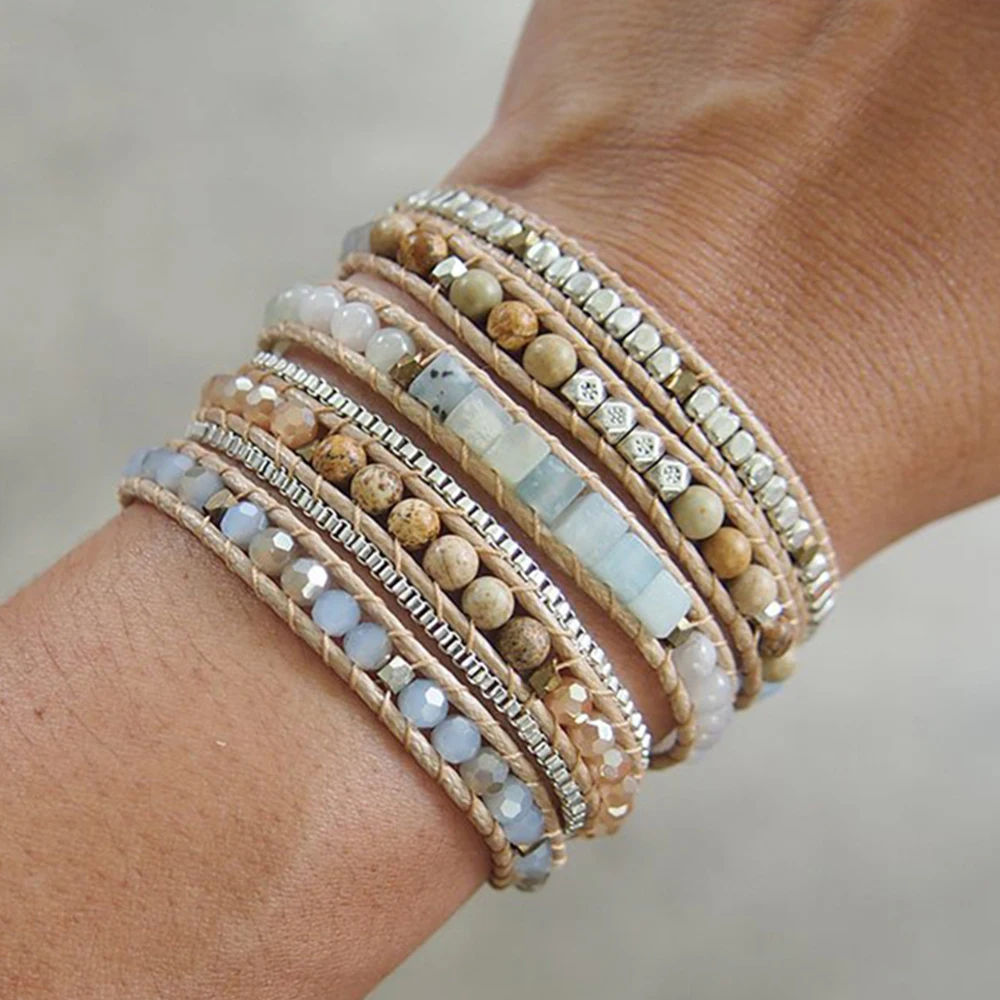 Amazonite Mix 5 Wrap Bracelet, Boho Beadwork 316 Stainless Steel Box Chain Unisex Bracelet Jewelry for Women Men Drop Shipping