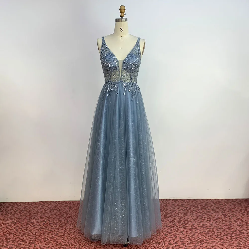 YQLNNE Simple Dusty Blue Long Prom Dresses Deep V Neck Tulle Crystal Beaded Formal Party Gown Backless