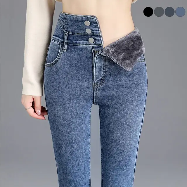Termiczne zimowe grube polarowe ciepłe obcisłe dżinsy z wysokim stanem grube damskie spodnie ołówkowe z rozciągliwym guzikiem mama Casual aksamitne dżinsy