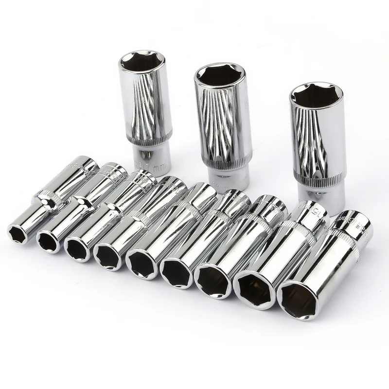 CRV 12pcs 3/8”Inch Driver Deep Long Sockets Set 65mm Length 10mm Square Hole 8 9 10 11 12 13 14 15 16 17 18 19mm