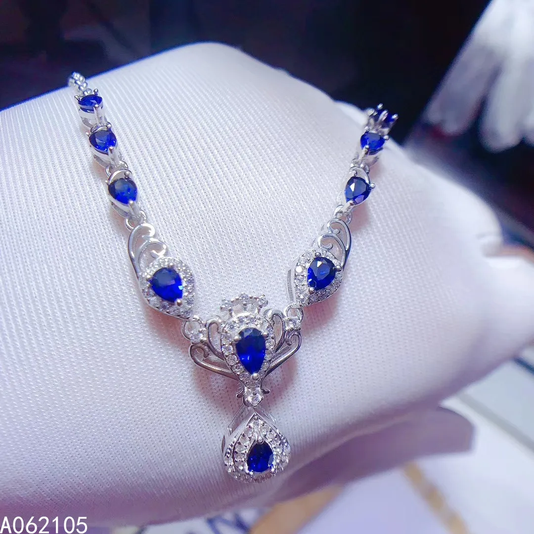 

Fine jewelry 925 pure silver inlaid natural sapphire girl noble luxury water drop Chinese style gem pendant necklace chain suppo