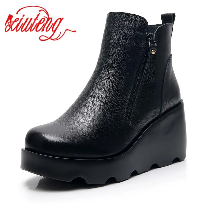 Xiuteng  Short Boots Female National Style Retro Women\'s Boots 2022 Winter New Leather Boots Wedge With Thick Sole Flat Shoe