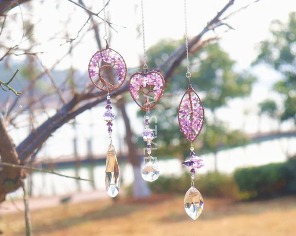 

LEISI Handmade Amethyst Suncatcher Crystal Tree of Life Healling Stones Rainbow Maker Drops Hang for Window, Home Decor,Car Char