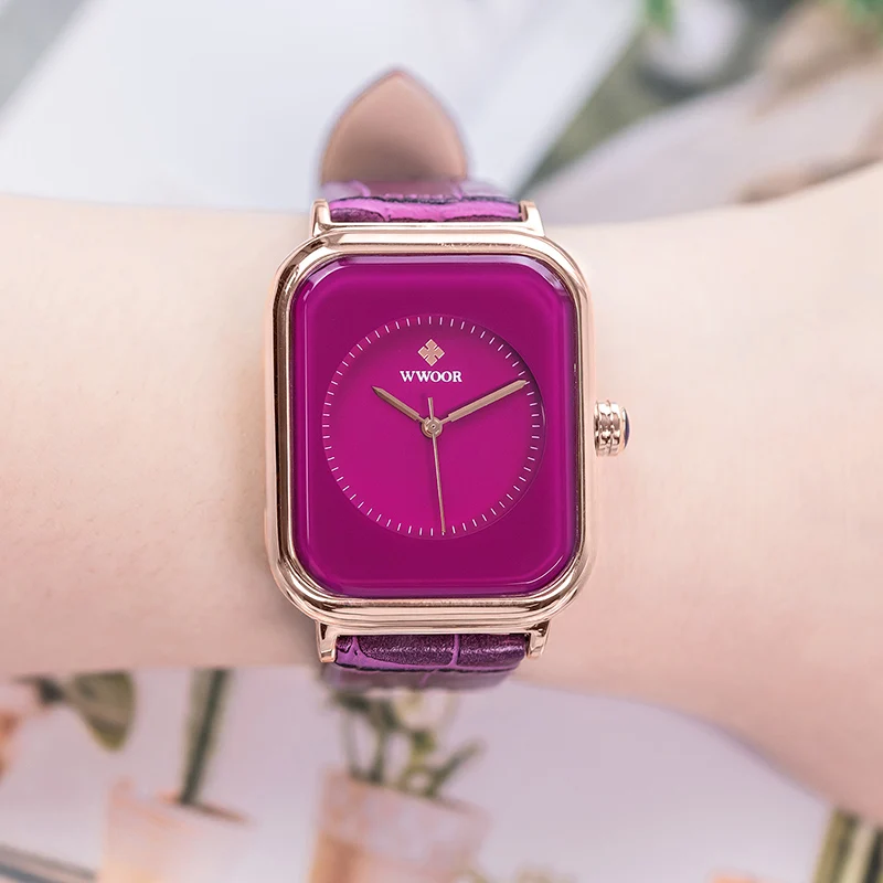 WWOOR Fashion Watch Women Square Quartz Watch Ladies Dress Casual Wrist Watches Purple Leather Waterproof Clock Box Montre Femme