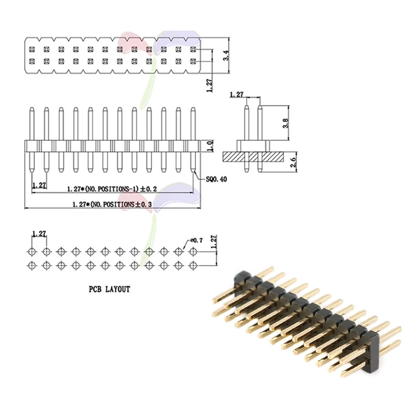 10PCS 1.27mm Double Row Male Pin Header Connector 1.27 Pinheader Through Holes PCB Strip Socket 2*3/4/5/6/7/8/10/12/15/20/40p