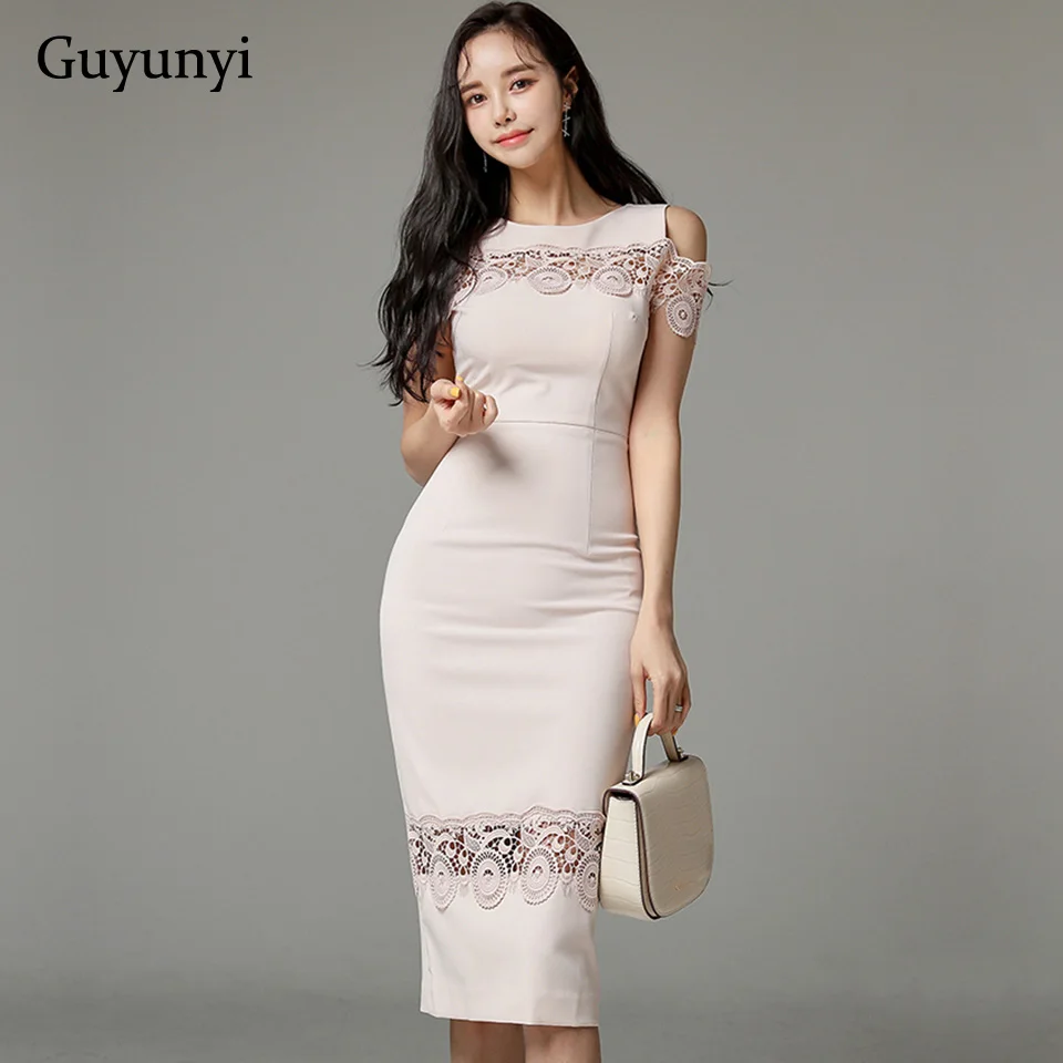 Pink Office Elegant Dress Summer Temperament Hollow Decorative Lace Stitching High Waist Tight Party Women's Dresses