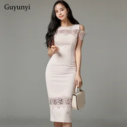 Pink Office Elegant Dress Summer Temperament Hollow Decorative Lace Stitching High Waist Tight Party Women's Dresses