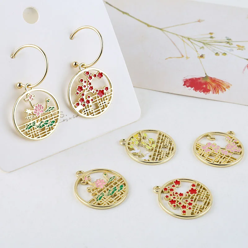 

Min order 30pcs/lot Four Seasons Pattern round shape alloy drop oil charms diy jewelry earring accessory