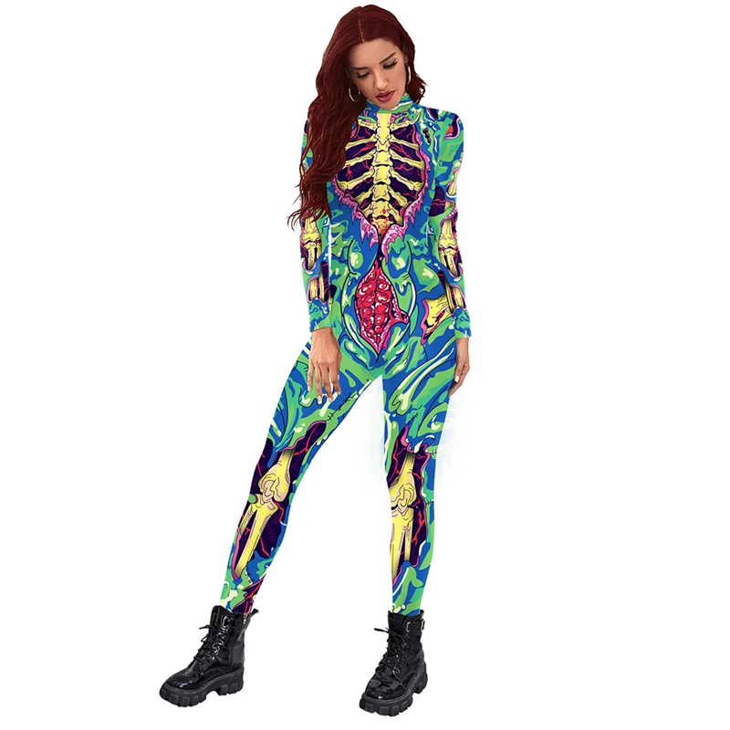 2022 Halloween New Cosplay Costume Horror Skull Jumpsuit for Ladies Scary Skeleton Tights Carnival Party Gothic Bodysuit