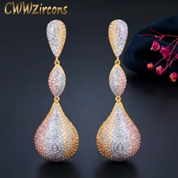 CWWZircons Luxury Water Drop Balls Long Dangle Earrings for Women Wedding Micro CZ Zircon Dubai 3 Tone Gold Plated Jewelry CZ670