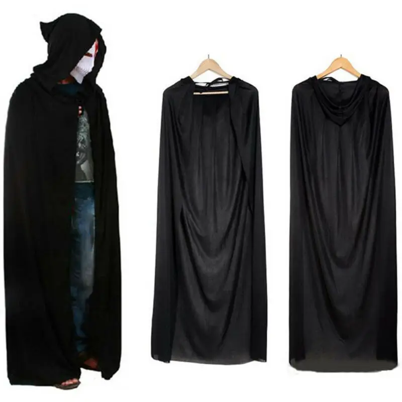 Jubah Bertudung Longgar Halloween Jubah Panjang Uniseks Pria Wanita Dewasa Gaun Kostum Hitam Hadiah Mantel