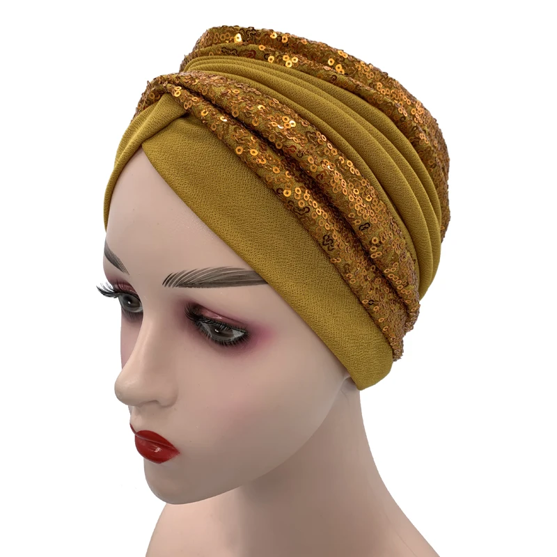 Women\'s Head Wraps Muslim Headscarf Cap India Hat Ready Hijab Bonnet Turbante Mujer Summer Breathable Sequins Turban Cap