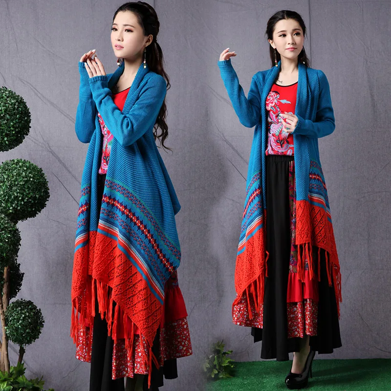 Ethnic Boho 2021 New Autumn Winter Printed Tassels Knitted Loose Cardigan Women Full Bat Cape Poncho Shawl Sweater Coat