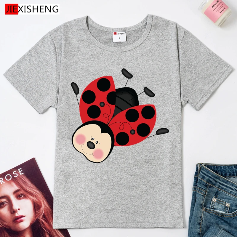 ผู้หญิงฤดูร้อนTเสื้อน่ารักแขนสั้นOคอเสื้อการ์ตูนLadybugพิมพ์เสื้อยืดKawaiiสาวสีขาวเสื้อผ้าผู้หญิงHH519