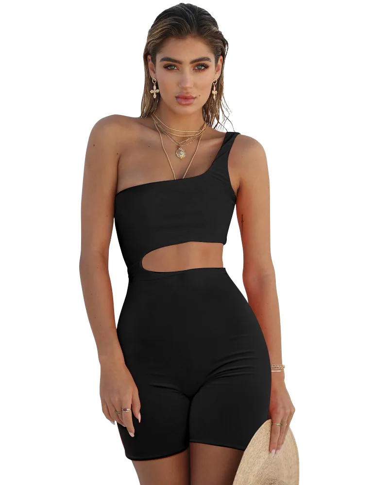 Sexy Solid Hollow Out Short Jumpsuit Skew Collar Sleeveless Side Hole Playsuits Night Club One Piece Fashion Outdoor Streetwear