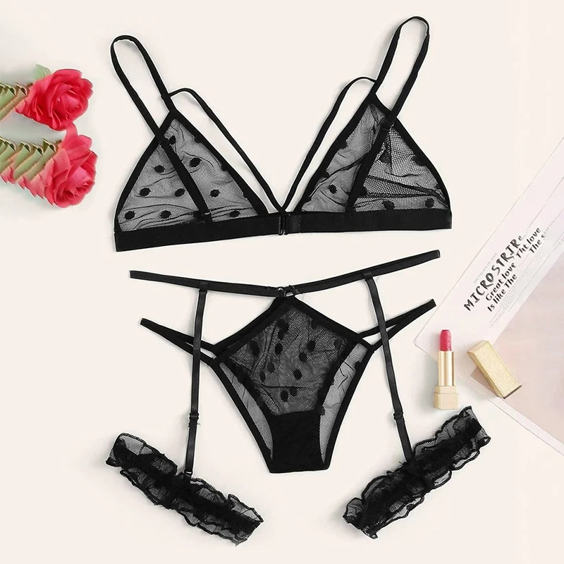 Women Plus Size Bra Set Hot Erotic Sexy Costumes Lace Underwear Seamless Bra Thong Garters Polka Dot Bralette Sexy Lingerie Sets