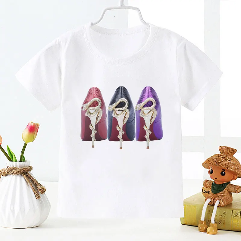 

New Girls Tshirt Fashion Crystal Watercolor High Heels Print Baby Boy T Shirt Short Sleeve Kids Clothes Funny Toddler Girl Tops