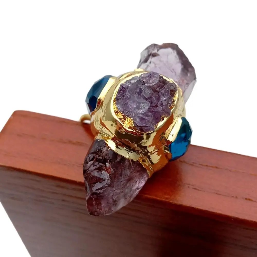 KKGEM  23x40mm Natural Purple Amethyst Point Druzy Rough Blue Crystal Ring Gold Plated Adjustable Gems Ring