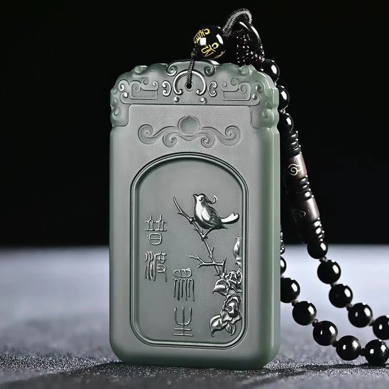 Superb Four Arm Lar Pendant Magpie Bird Amulet Netsuke Mascot Blessing Talisman by He Tian Green Jade