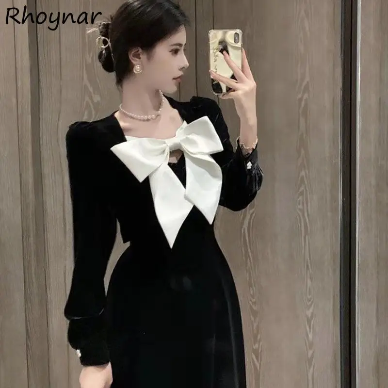 Dress Women Elegant Vintage Mid-calf Sheath French Style Romantic Autumn Bow Long Sleeve V-neck Princess Female Ladies Velvet