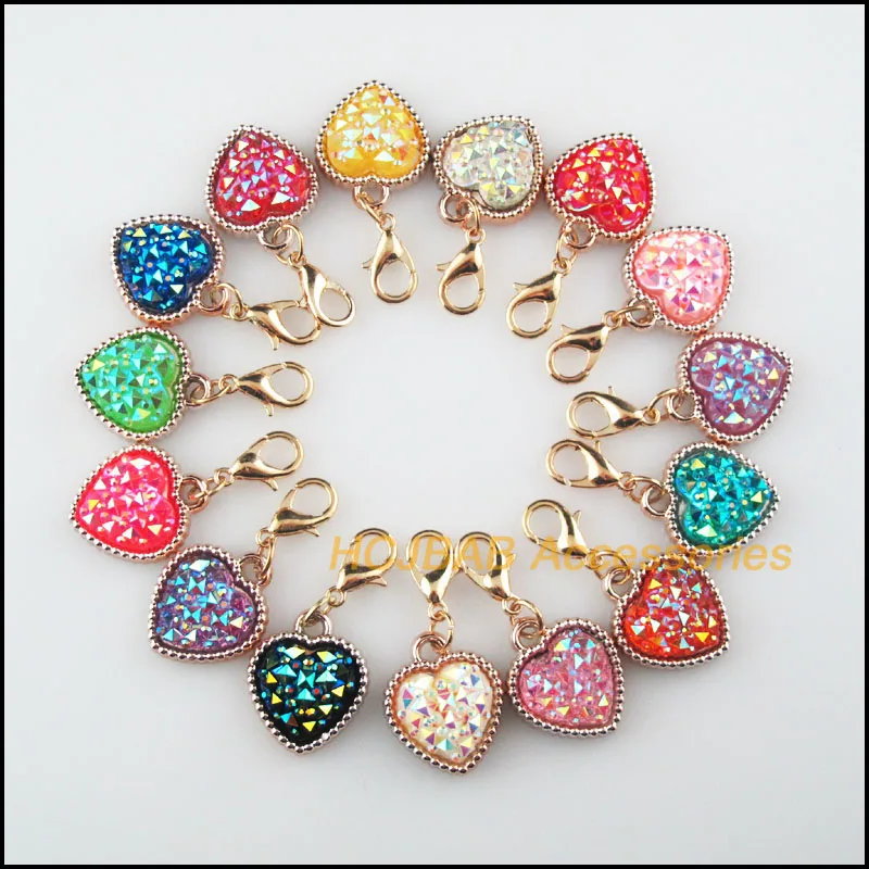 

15 New Heart Mixed Charms Resin Flower Frame Pendants With Lobster Claw Clasps KC Gold Color 15.5x18.5mm