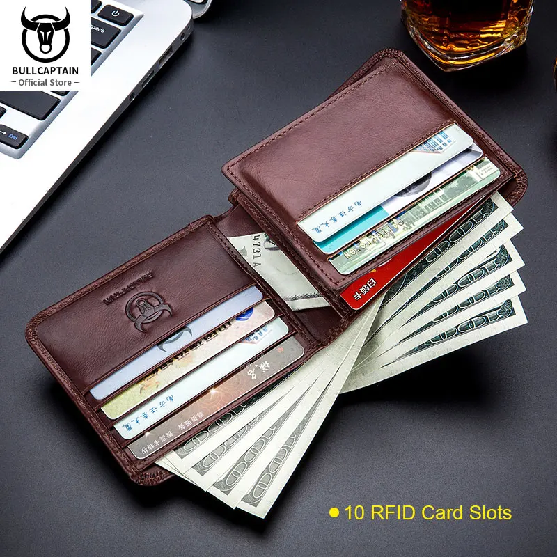 BULLCAPTAIN Free Print Photos Men's Genuine Leather Short Wallet 2021 New Simple Wallets RFID Small Mini Card Holder