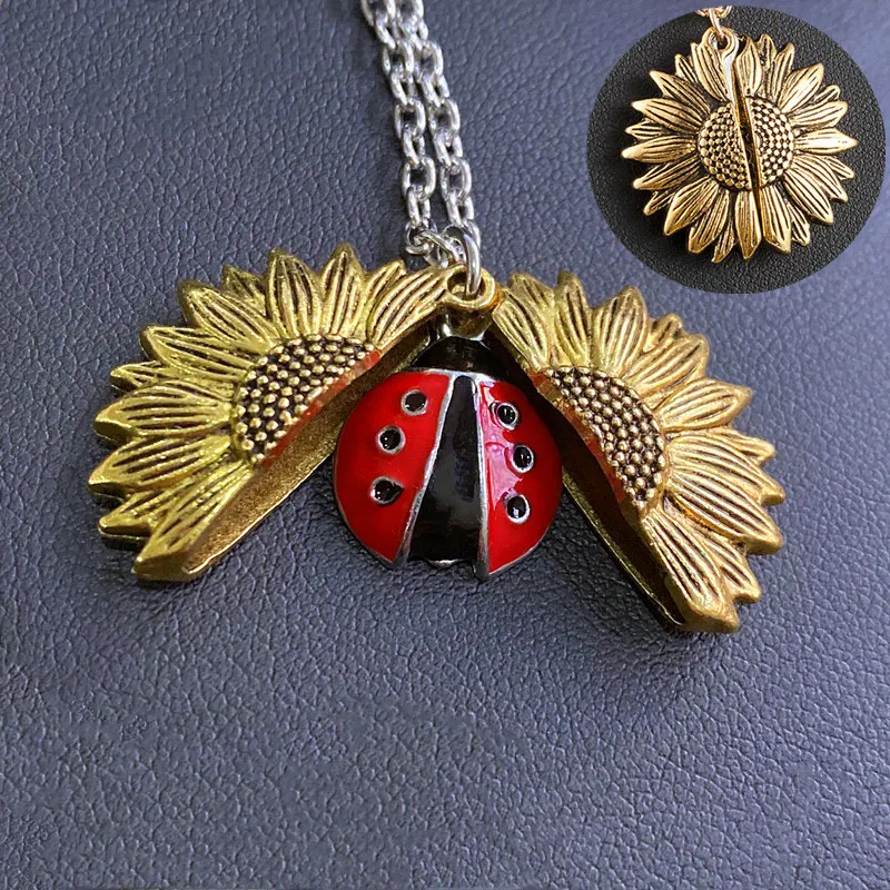 Fashion Ladybird Open Locket Sunflower Necklace Boho Jewelry Alloy Friendship Gifts Ladybug Accessories