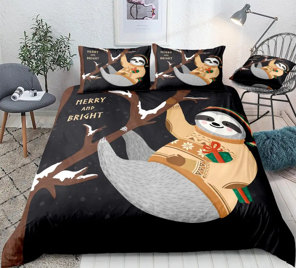 Sloth Duvet Covet Set Cute Sloth Handing on Tree and Holding Gift Box Bedding Kids Boys Girls Animal Quilt Cover Queen Dropship