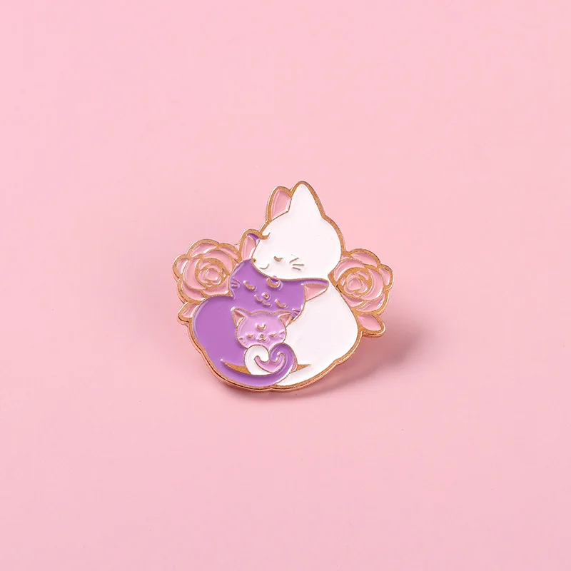 Japanese Small Fresh Cartoon Cute Cat Metal Enamel Brooch New Product Pink Girl Flower Animal Badge Children's Gift Jewelry